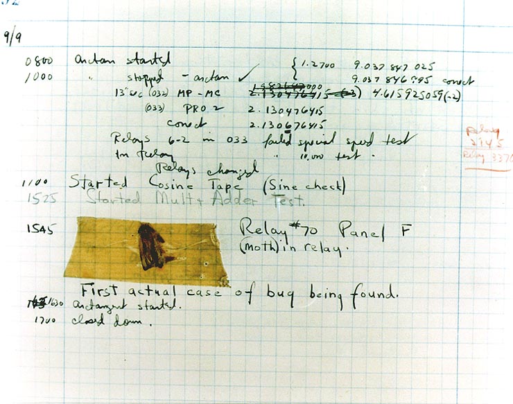 グレース・ホッパー氏の実験ノード：テープで貼ってあるゴキブリを含んだ最初のバグ発見の報告